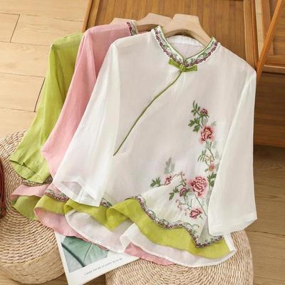 Women's Summer Cotton and Linen Retro Chinese Style Sloping Cheongsam Shirt with Artistic Embroidery and Buckle Ethnic Seven Quarter Sleeve Top Style