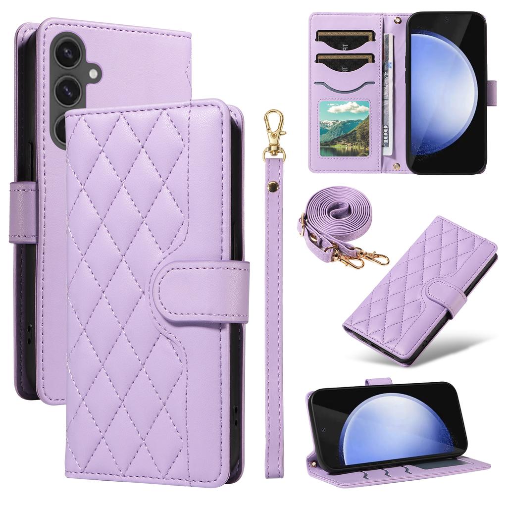 For Samsung Galaxy S24 FE Case Wallet Rhombus Leather Phone Cover with Shoulder Strap,Wrist Strap
