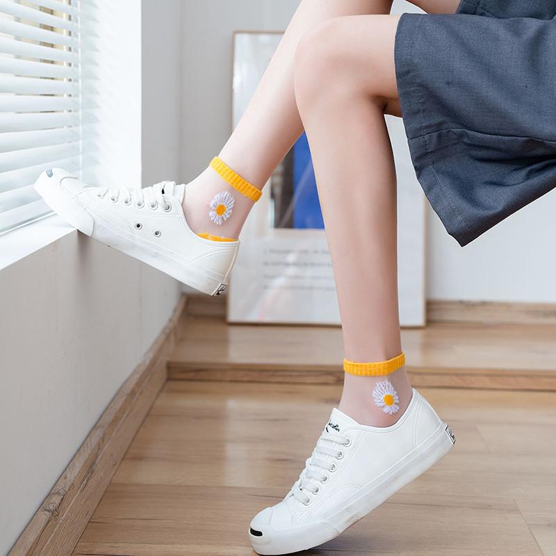 10 Pairs Women White Daisy Flower Short Socks Set Fashion Summer Thin Breathable Candy Color Transparent Crystal Silk Ankle Sock