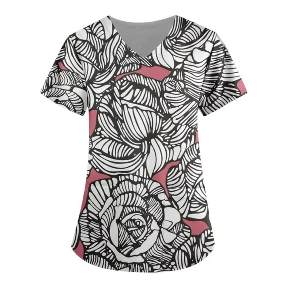 Vêtements de travail amples à manches courtes et imprimé rayé pour femmes, Uniformes médicaux, Tuniques avec poches, Accessoires d'uniformes d'infirmière