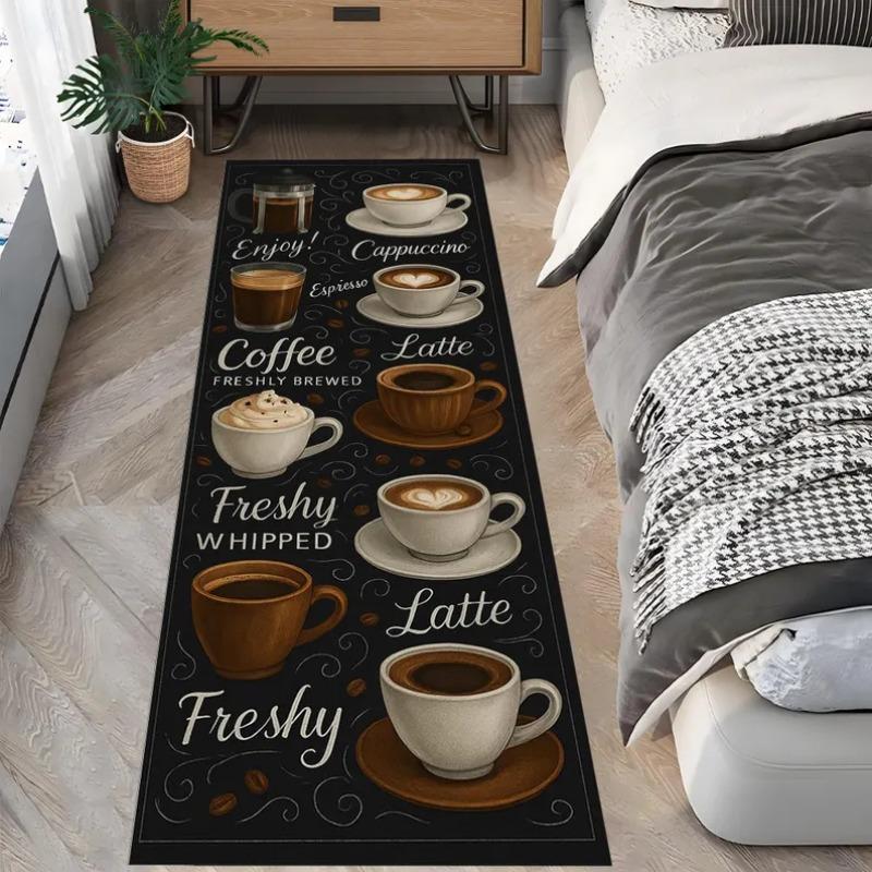 Professional Coffee Menu Kitchen Rug Non-Slip Mat Featuring Espresso Latte & Cappuccino Prints On Black Ideal for Home Floor