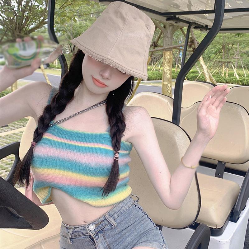 Rainbow Striped Knitted Camisole For Women Slim Versatile Crop Top Summer Casual Girly Sling Tops