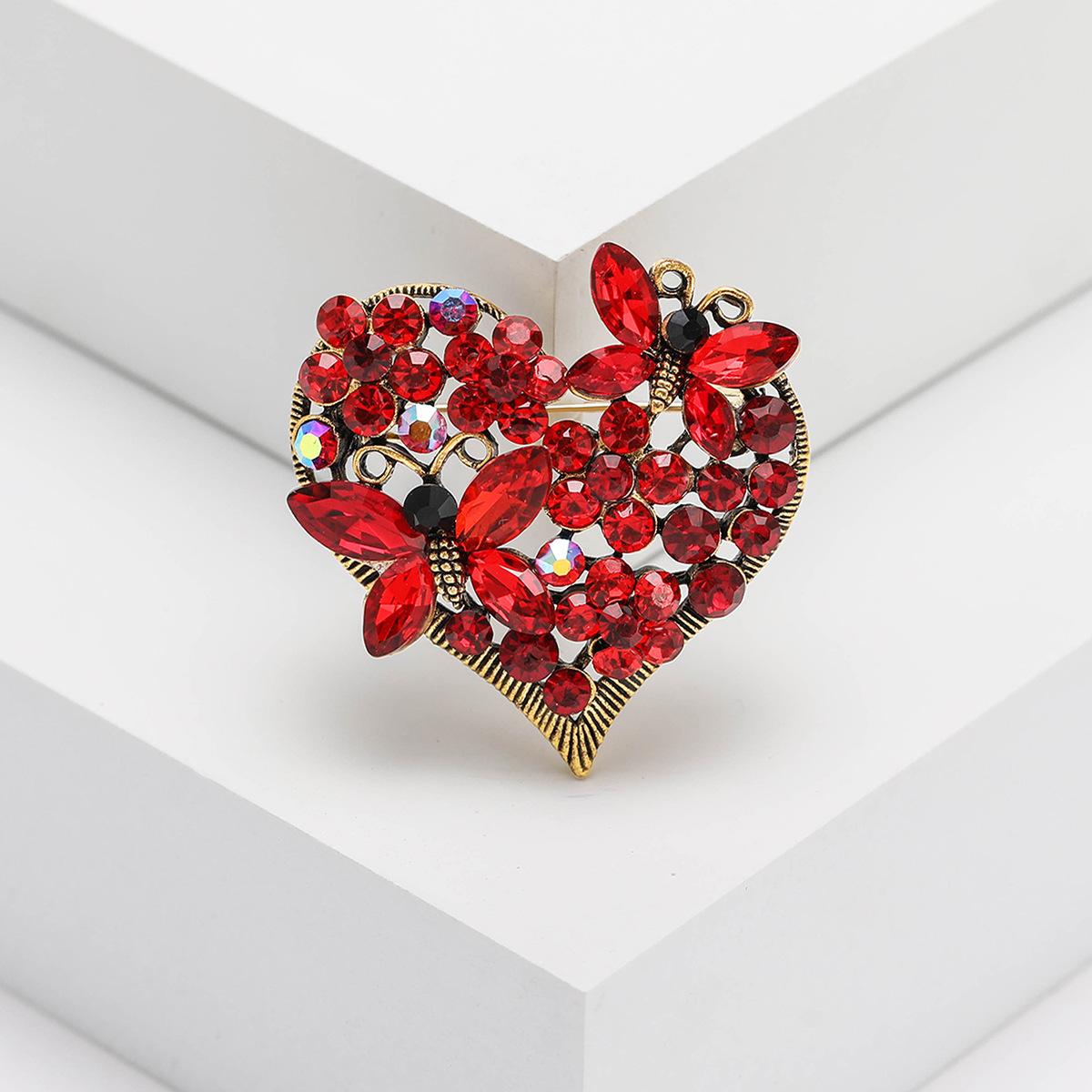 Heart Shaped Brooch with Butterfly Design Crystal Rhinestone Pin Elegant Jewelry Accessory for Clothing Bags and Hats One Size