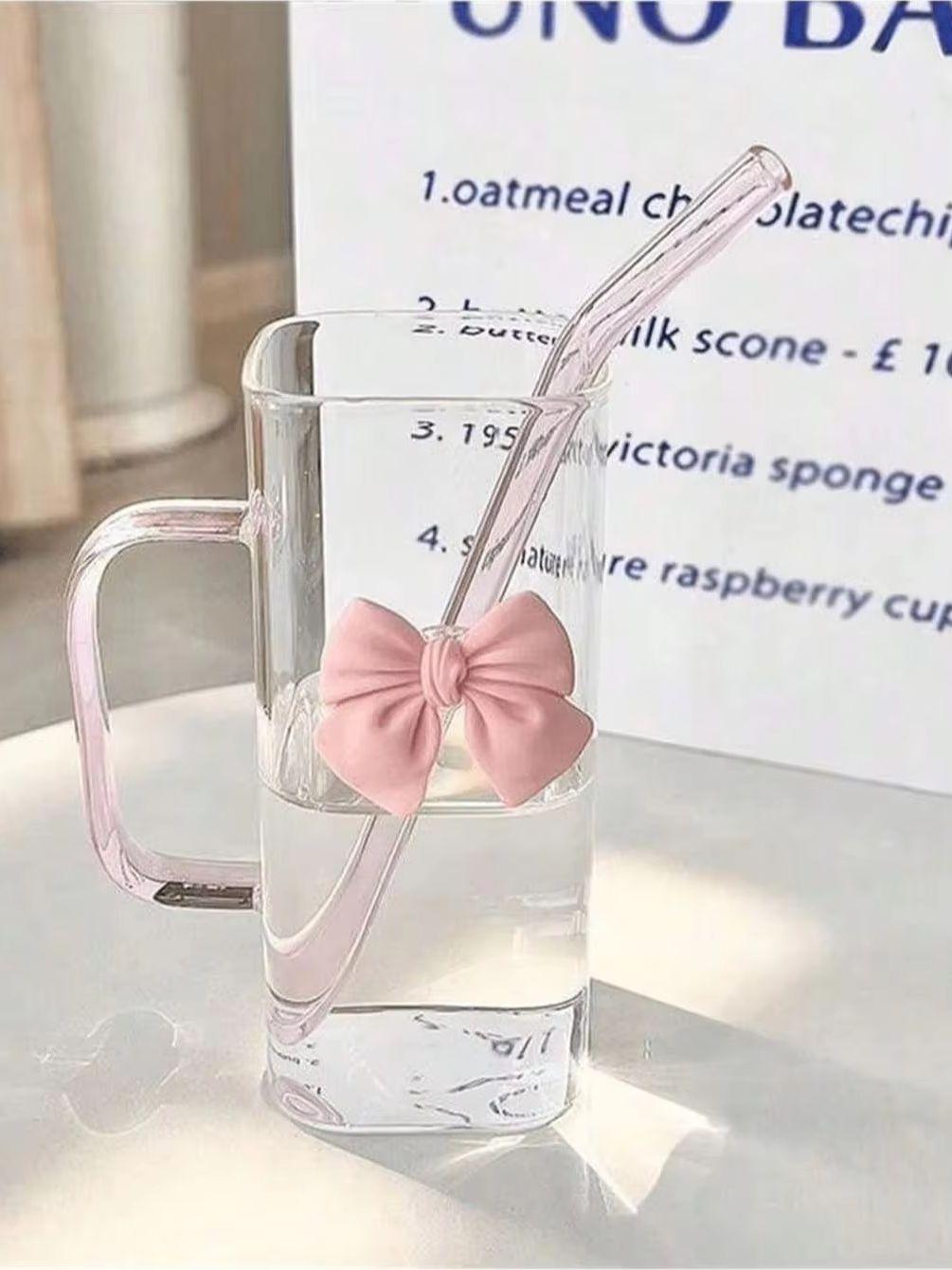 1 pc Pink square bowknot glass drinking cup (without straw), beautifully designed straw drinking cup 401-500ml