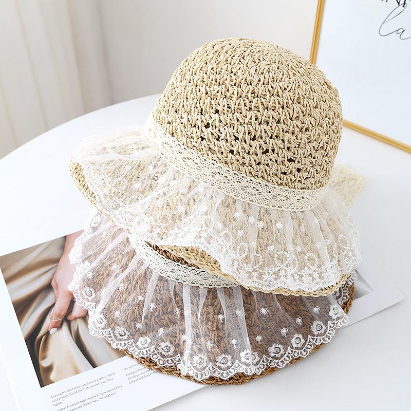 New Lace Mesh Straw Hat Splicing Women's Summer Sunscreen Visor Hat Big Brim Sun Hat Vacation Beach