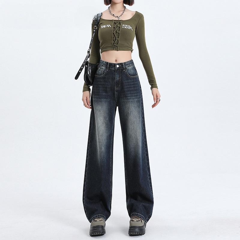 Black and gray high-waisted wide-leg jeans for women's spring, new loose and thin straight extended pants