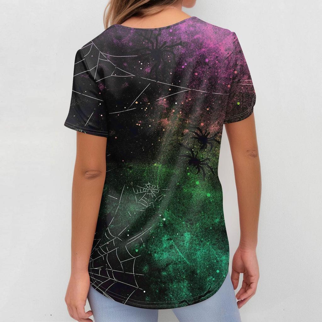 Women's Fashion V-neck Short-sleeved Work Uniform With Pockets, Halloween Print Top