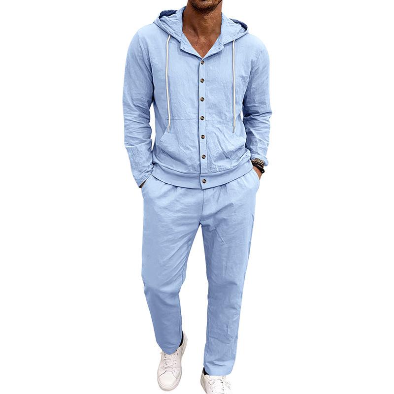 Men's Hooded Linen Shirt and Pants Set - European Casual Style