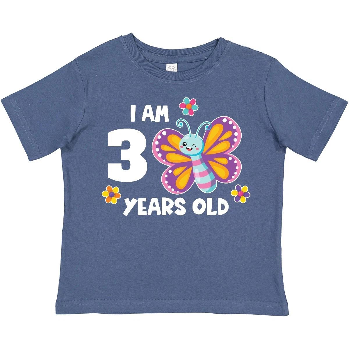 Inktastic I Am 3 Years Old Cute Smiling Butterfly With Flowers Toddler kids boys T-Shirt 100