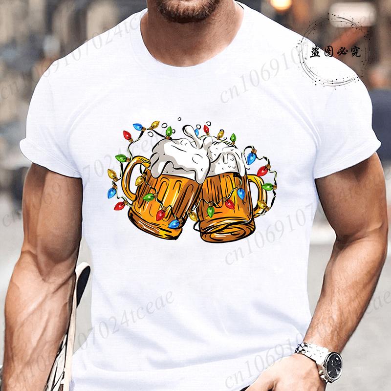 Fashionable Merry Christmas Beer Pattern Men's T-shirt Fashionable Trend Drinking Beer Printed T-shirt Fun Christmas Party Shirt Top