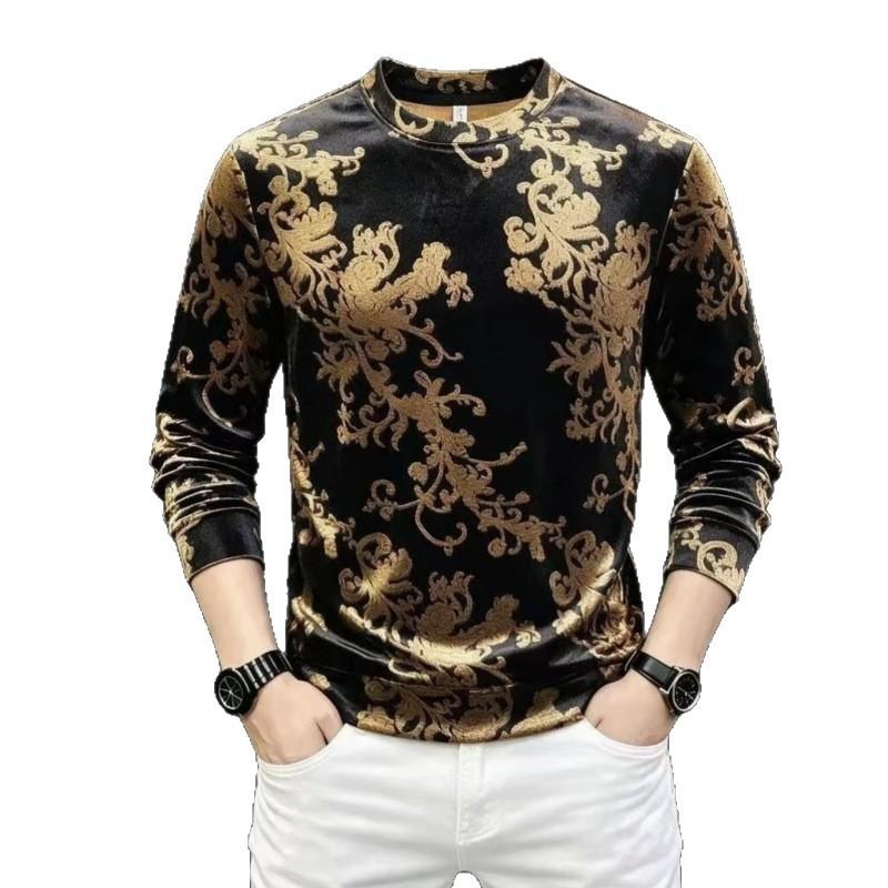 Mens Velvet Long Sleeve T-Shirt Vintage Jacquard Crew Neck Slim Fit Base Top Trendy