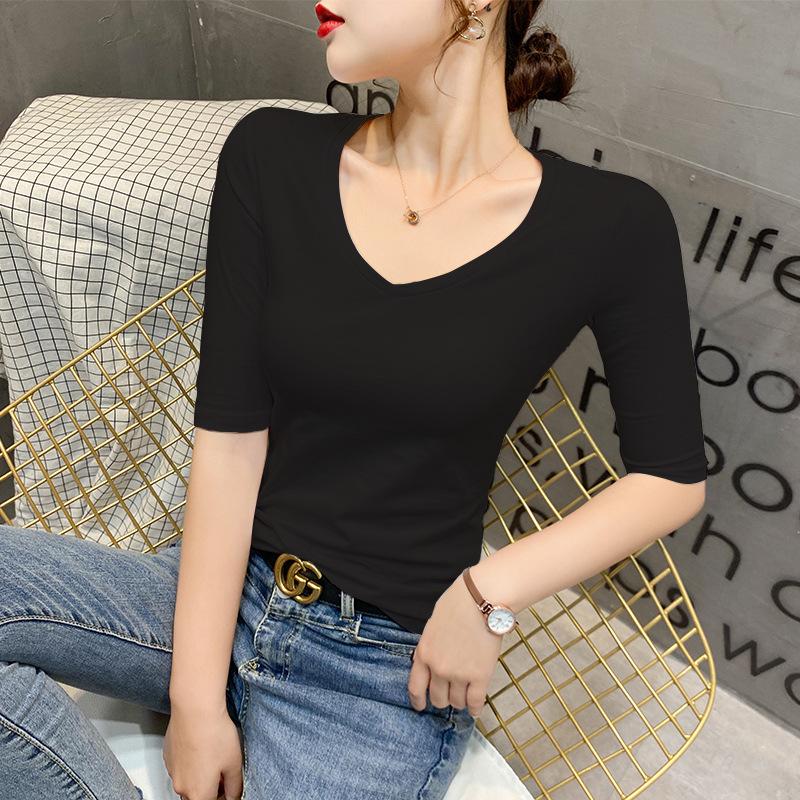 

Новая облегающая футболка с глубоким вырезом и V-образным вырезом, базовая, из чистого хлопка, с большим вырезом, короткий летний топ XXL чёрный