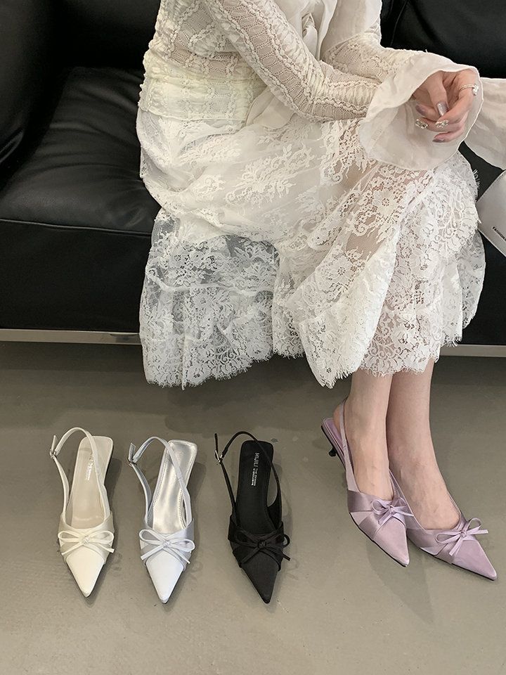 French Bow Front Bag Head Rear Empty Sandals Women's Summer 2025 Bow Pointed Stiletto Shoes