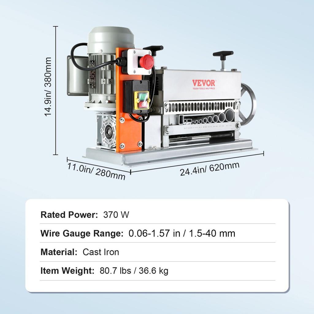 Automatic Wire Stripping Machine, 0.06''-1.42'' Electric Motorized Cable Stripper, 370 W, 88 Ft/min Wire Peeler with An Extra Manual Crank, 11