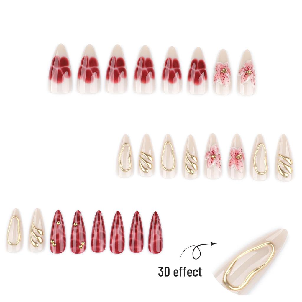 3D Floral Nail Art: Long Almond-Shaped Wearable Nails with Petal Design