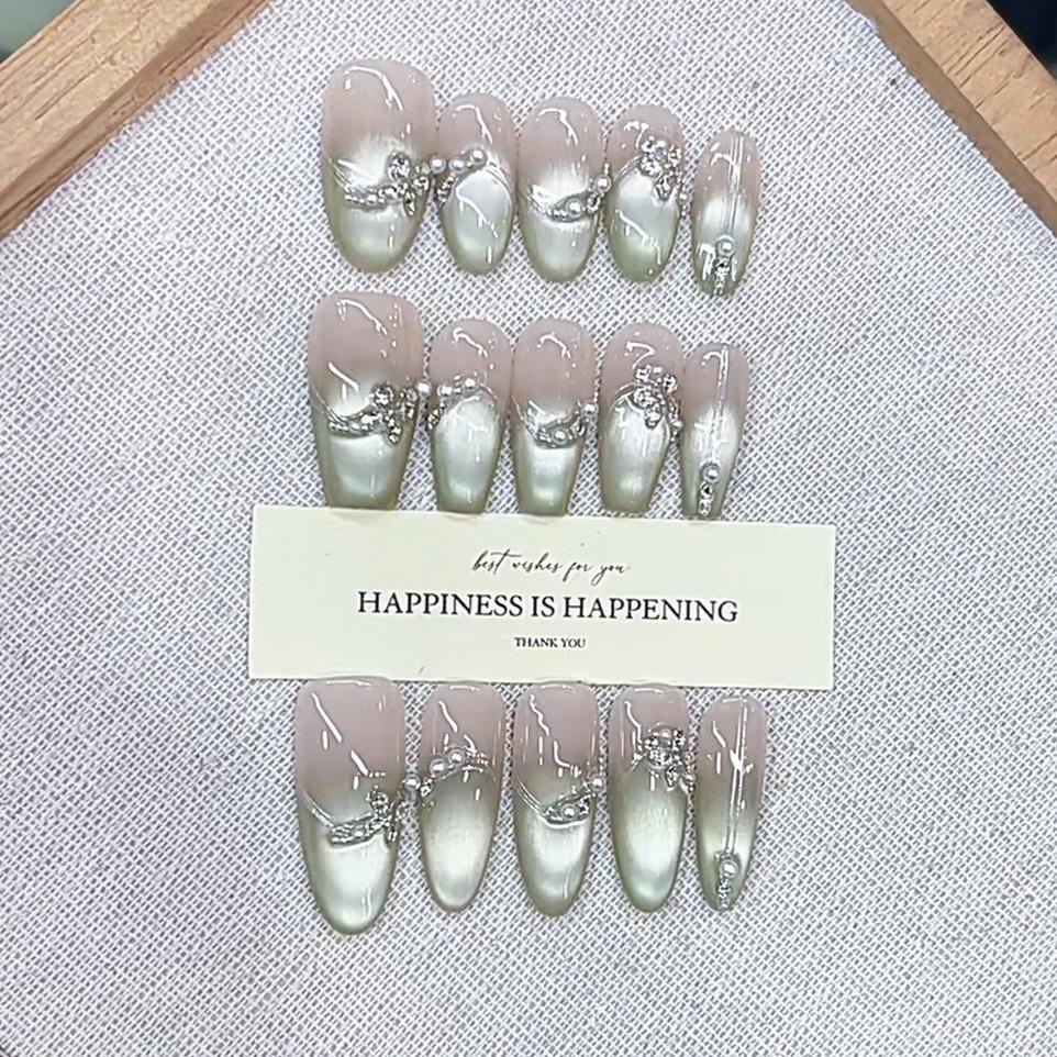 Pure Hand-wearing Argentina Summer New Green Forest Postman Zircon Diamond Light Chase Cat Eye Nail Art Patch