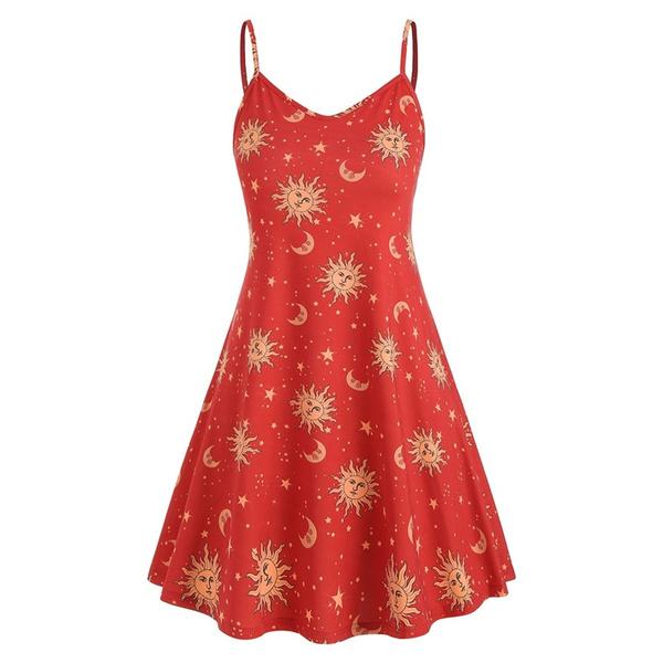 women's retro sun moon print hooded long sleeve dress