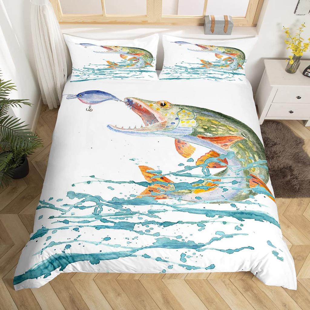 Turquoise Bass Fish King Queen Bedding Set Sea Animal Duvet Cover Hunting Theme Woodland Jungle Scene Polyester Comforter Cover