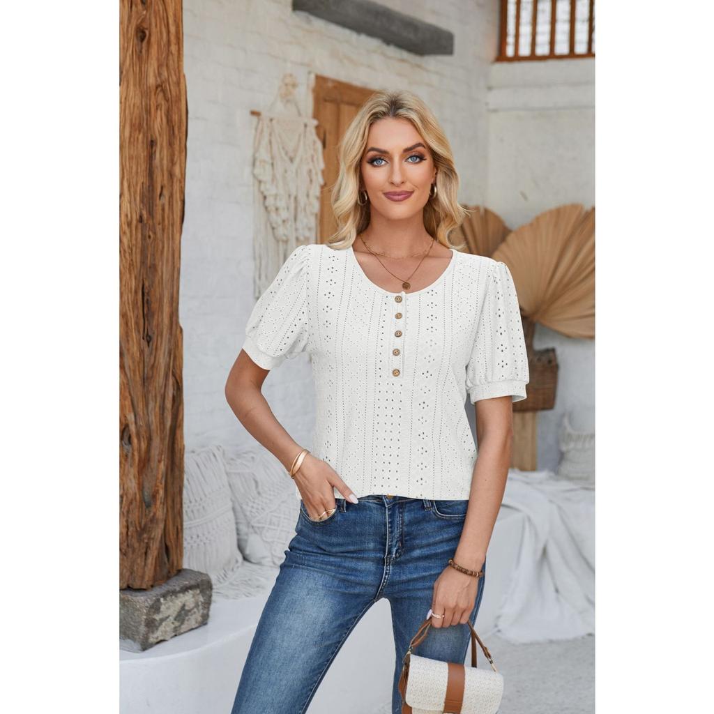 GMXIA Women's Spring Summer Buttoned Round Neck Puffy Sleeve Loose Solid Color T-shirt