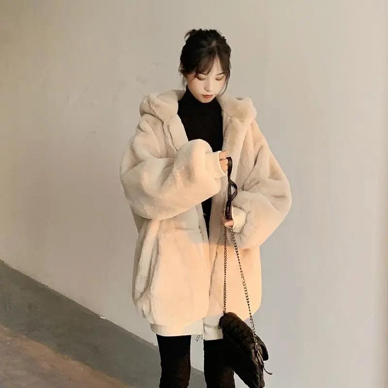Korean Loose Thick Plush Coat for Women Winter Imitation Fur Rabbits Grass Coat Female Warm Zipper Jacket Hooded Parka Overcoat