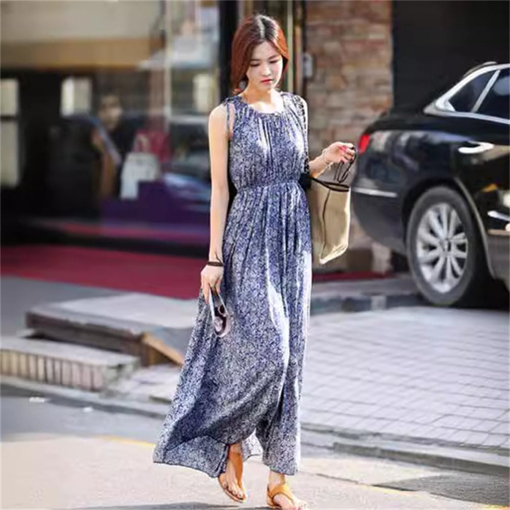 Crew Neck Sleeveless Camisole Long Floral Skirt [SDSXZWG] Women's Skirt, Cotton, Print, A-Line Vest, Relaxed, Elegant, Resort, Beach, Spring/Summer