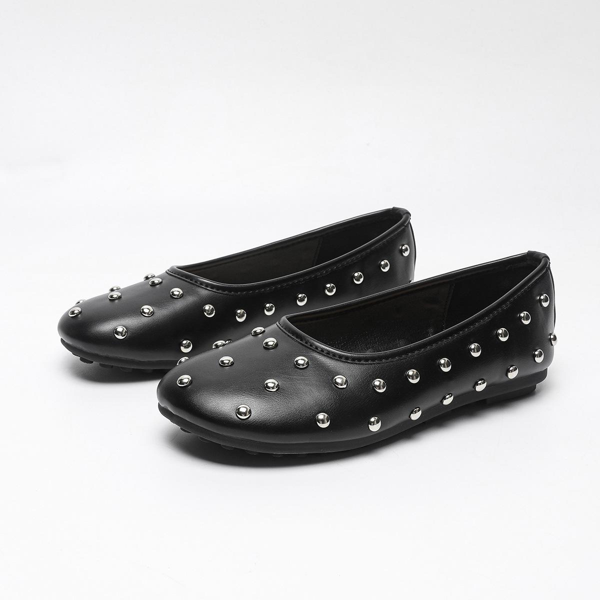 

Autumn new women s shoes black rivets leather ballet style flat casual shoes shallow mouth comfortable single shoes 43