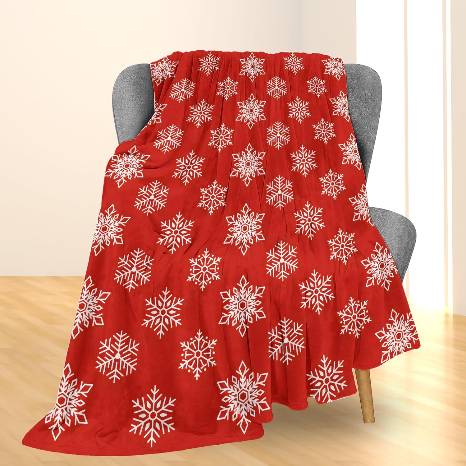 Christmas Snowflake Blanket, Soft Lightweight Flannel Snowflakes Red Background Throw Blanket for Couch, Bed, Travel & Holiday 75X95CM