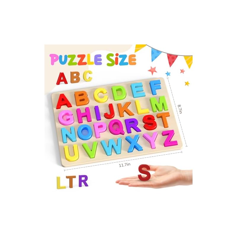 Zeoddler Alphabet Puzzle, Wooden Puzzle for Toddlers, ABC Shape Puzzle for Kids, Preschool Learning Activity, Gift for Girls and Boys.