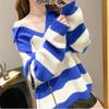 New Autumn and Winter Retro Lazy Minimalist V-neck Stripe Color Matching Loose Casual Oversized Thickened Women's Sweater