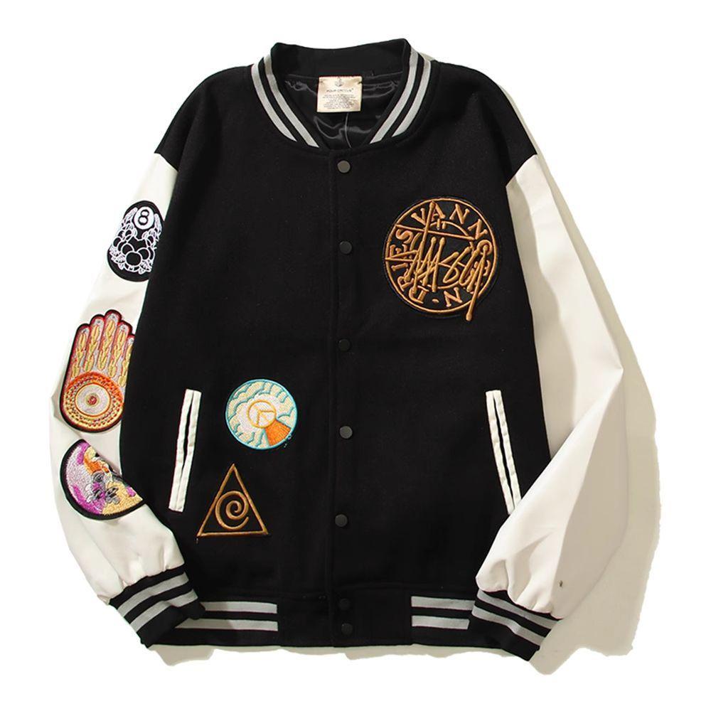 Men's High-End Scruffy Baseball Jacket with Sun Illuminati Eye Embroidery