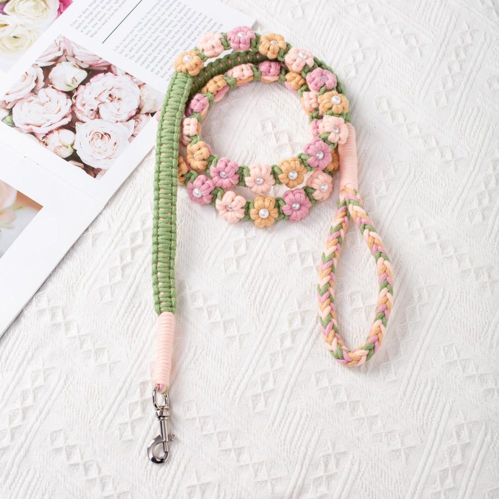 59 Inch Soft Cotton Rope Lead,Handmade Braided Dog Leash with Flowers for Small & Medium Dogs, All-Season for Walking, Training, Pet Accessories