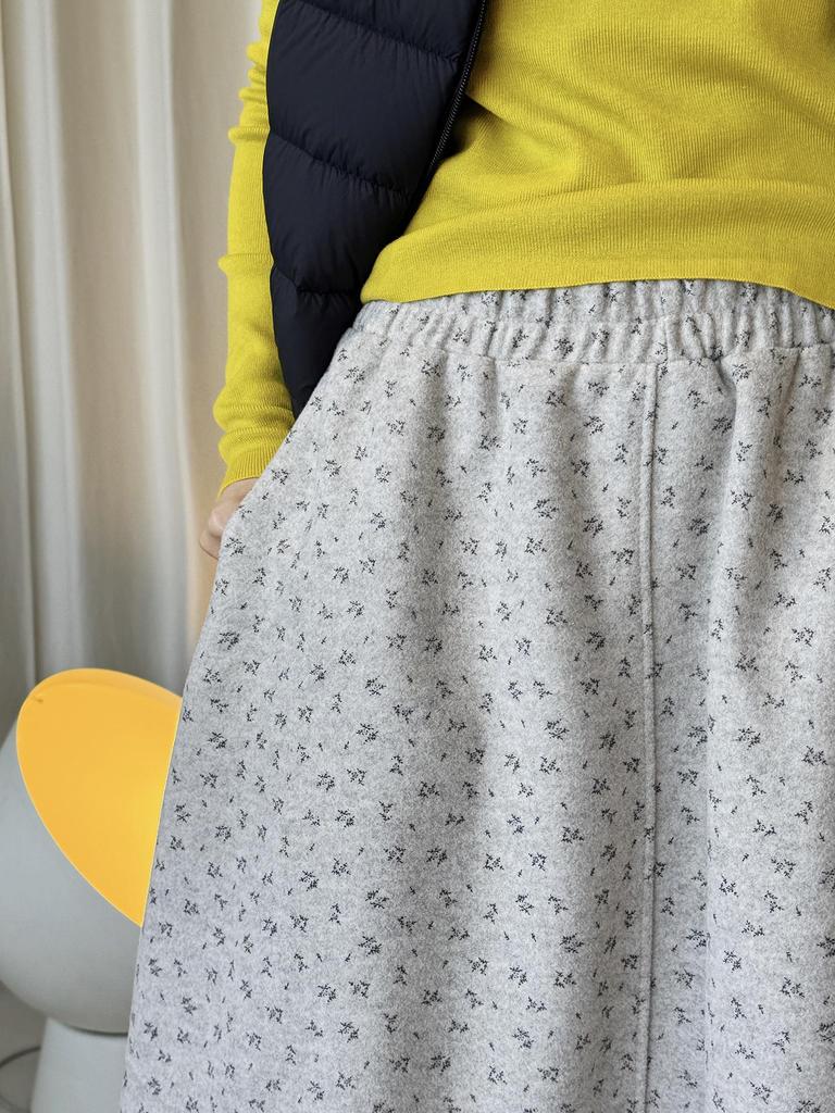 Louvre Winter Retro Floral Wool Tweed A-Line Midi Skirt for Women