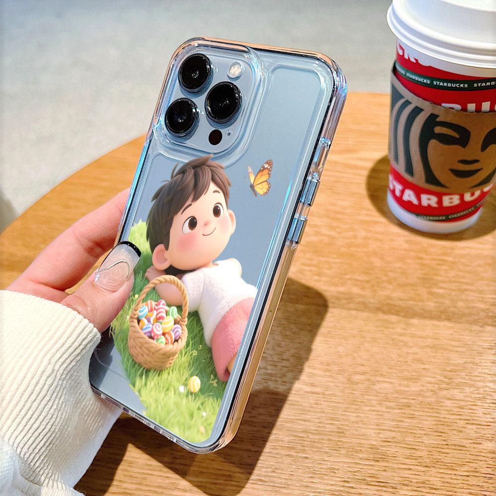 Boy on Grass with Candy Basket lucency Phone Case for IPhone 14 15 16 13 12 11 17 Pro Max 12 13 Mini Soft Cover