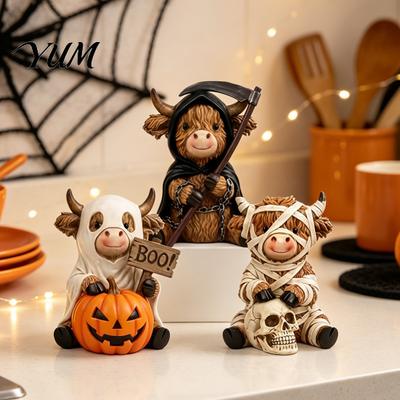 Figurină din Rășină Stil Întunecat 3 Bucăți Figurine Vaci Highland de Halloween, Statuete Vite Secerătorul Morții, Decor Modern pentru Masă Stil Fermă Mumie & Fantomă,