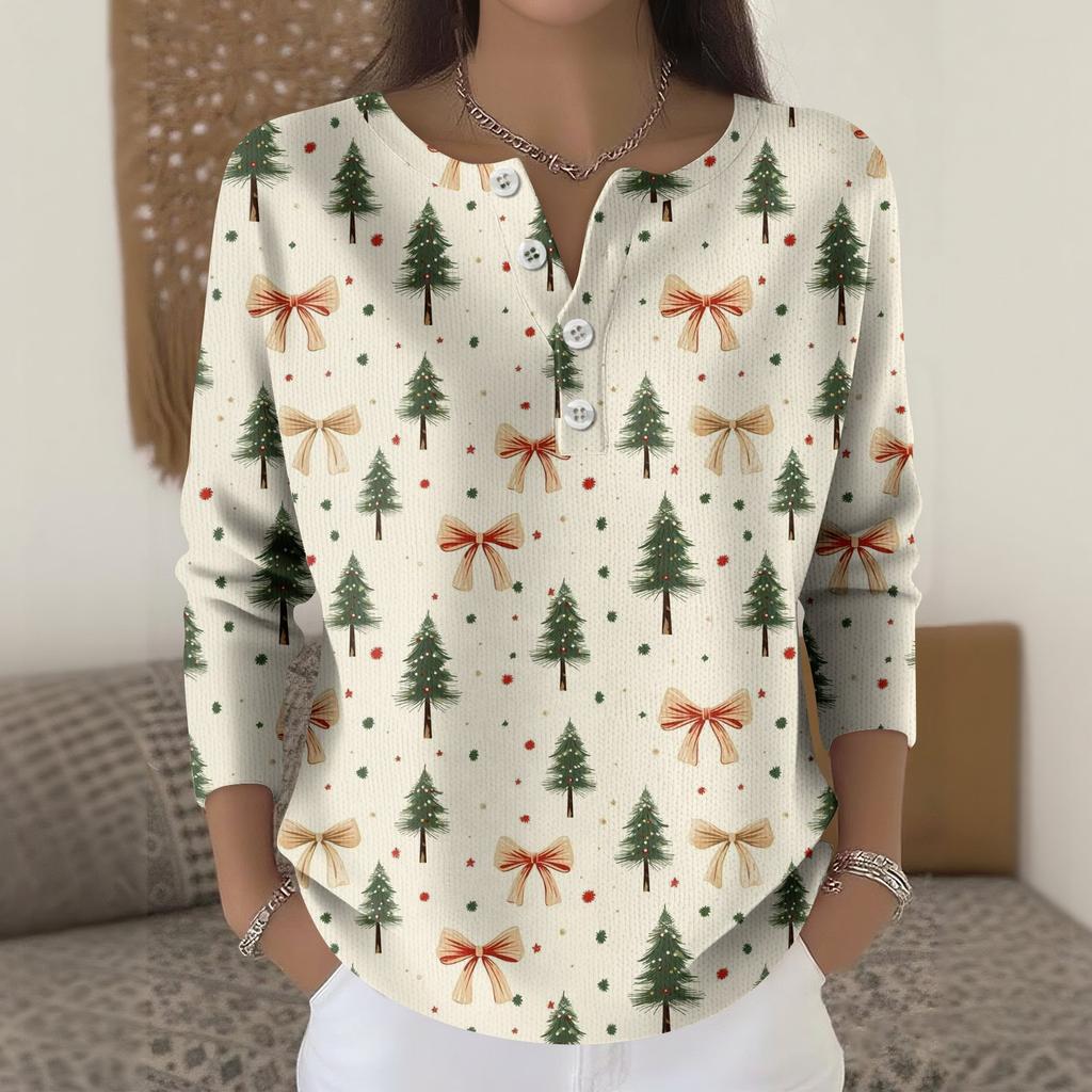 Women's Fashion Long Sleeve Christmas Snowflake Print Top Elegant Casual Top