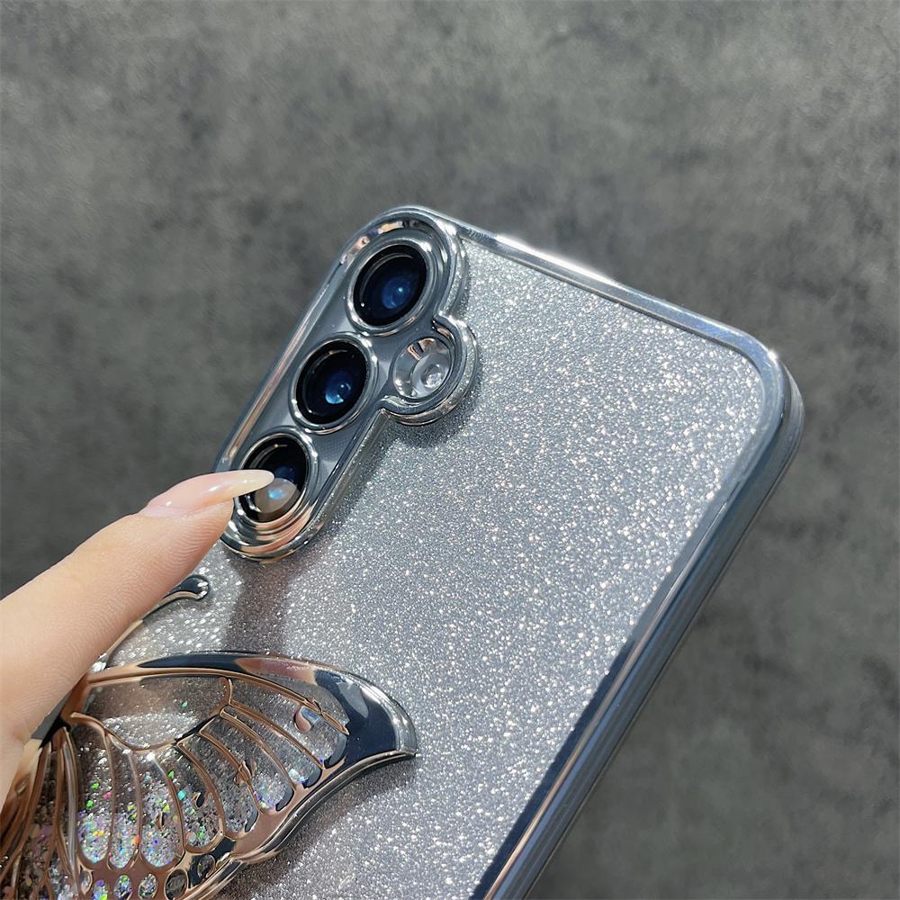 Shiny Glitter Armor Plating Transparent Phone Case For Samsung Galaxy S24 Ultra Plus S24Plus S24Ultra Butterfly Cover