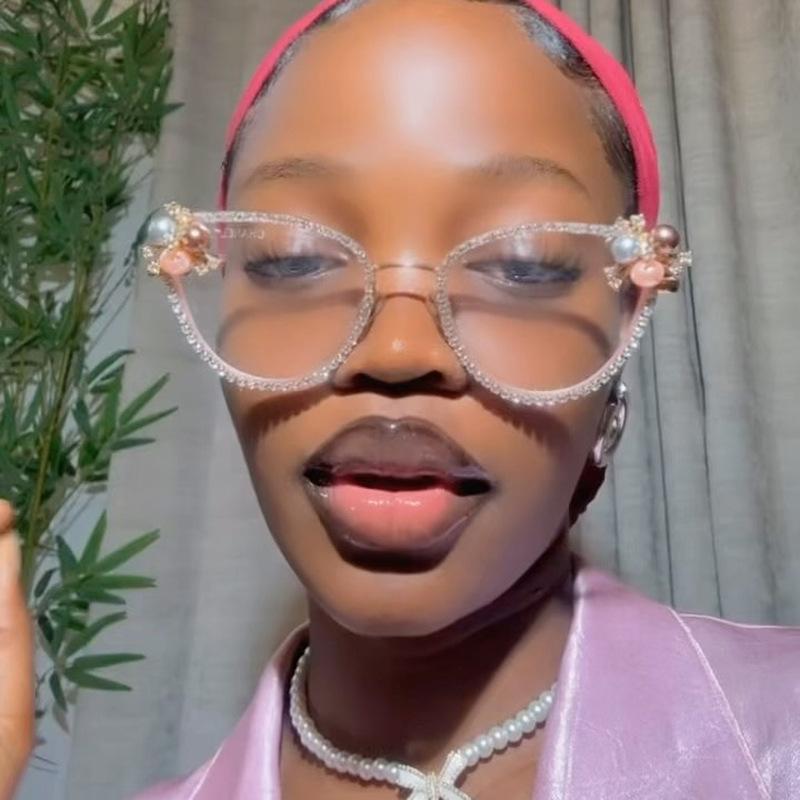 Triangular Cat-eye Rhinestone-encrusted Non-prescription Glasses, Anti-blue Light Luxury Eyeglass Frames, Pearl Retro-style Eyeglass Frames