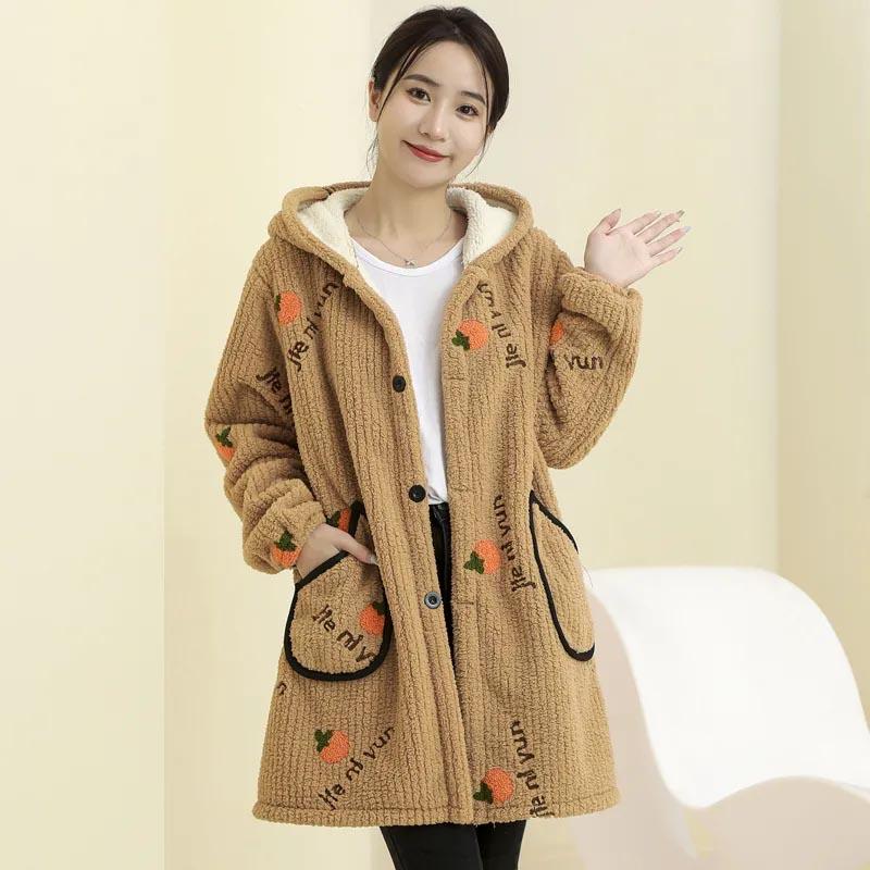 Coat Plush for Women Fleece Thickened Winter Double Layer Windbreaker Oversize Casual Hooded Jacket