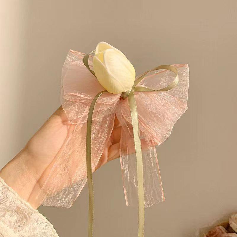 Fashion Sweet Tulip Ribbon Hair Ring For Women Girls Cute Elegant Bowknot Hair Clip Exquisite Tassels Hair Accessories Gifts