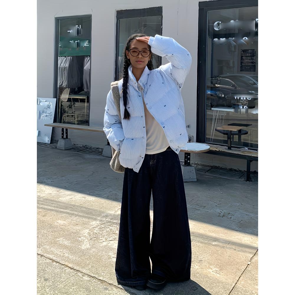 

Striped bow padded jacket women s winter new padded thickened warm long-sleeved padded jacket stand-up collar padded jacket XL синій