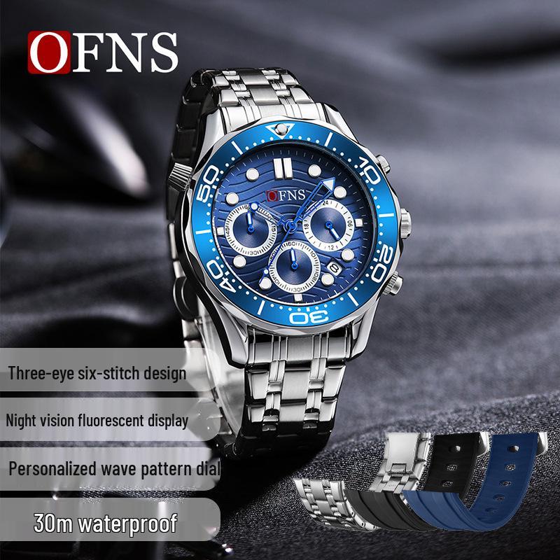 OFNS Men's Retro Waterproof Quartz Watch with Luminous Steel and Rubber Straps, Calendar, and Six-Hand Multi-Function Display.