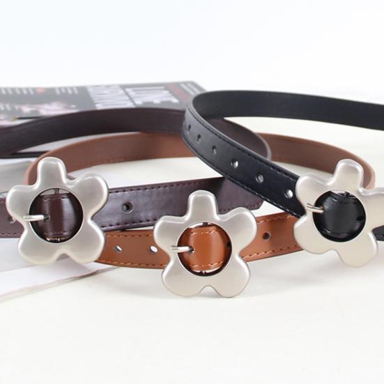 Imitation Leather Women Belt Metal Flower Pin Buckle Adjustable Design