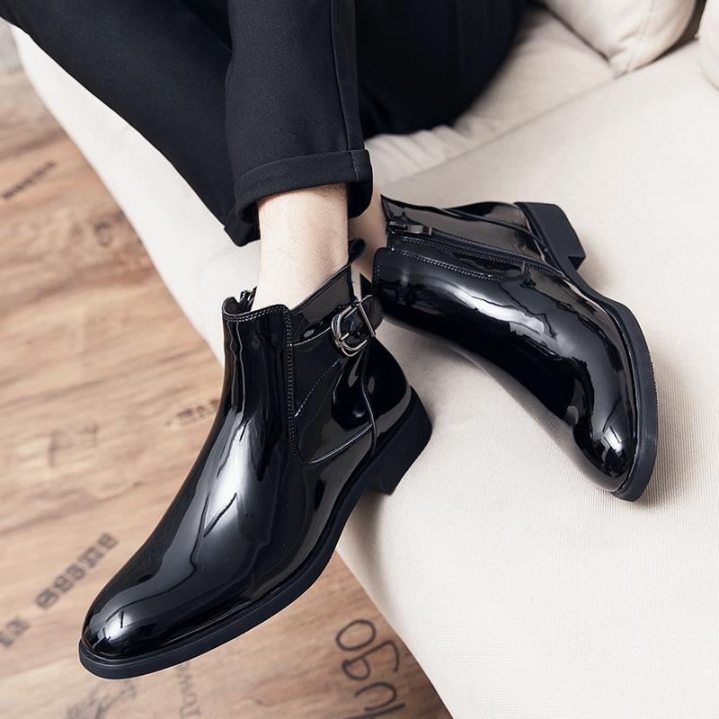 Men's Winter Chelsea Boots: High-Top British Style Patent Leather Pointed Toe, Korean Trend Versatile Martin Boots