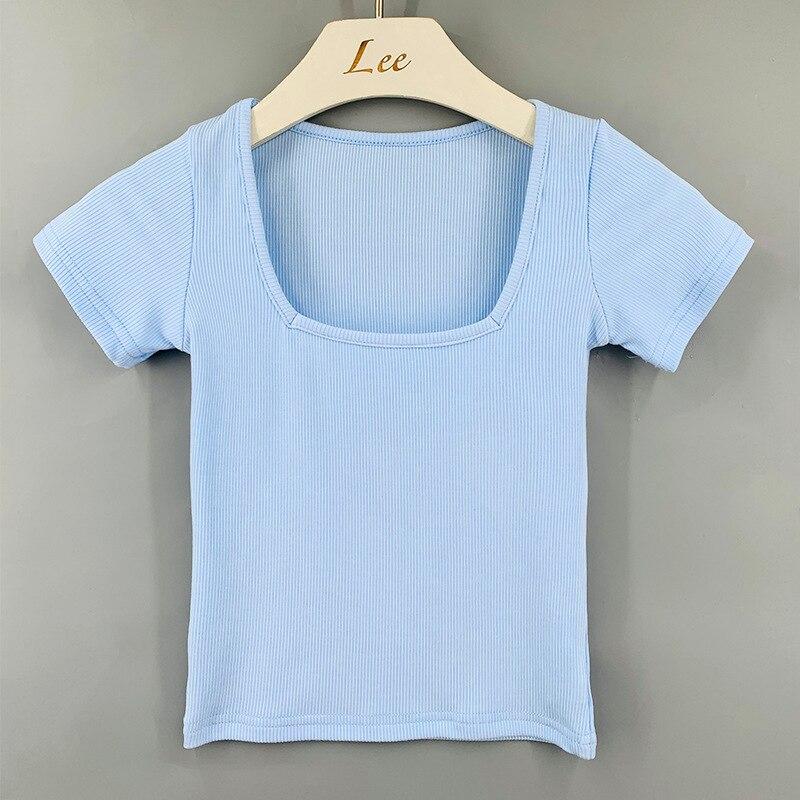 Casual Cotton Slim T-Shirt Women Short Sleeve Tee Shirt Sexy Crop Tops 2022 Summer Square Collar White Tshirt Blusas Mujer 20505
