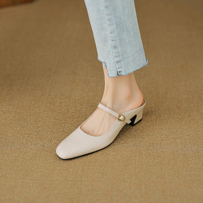 Summer women's bag head slippers comfortable high-heeled slippers set feet leather beef tendon bottom sandals square head new half-drag women