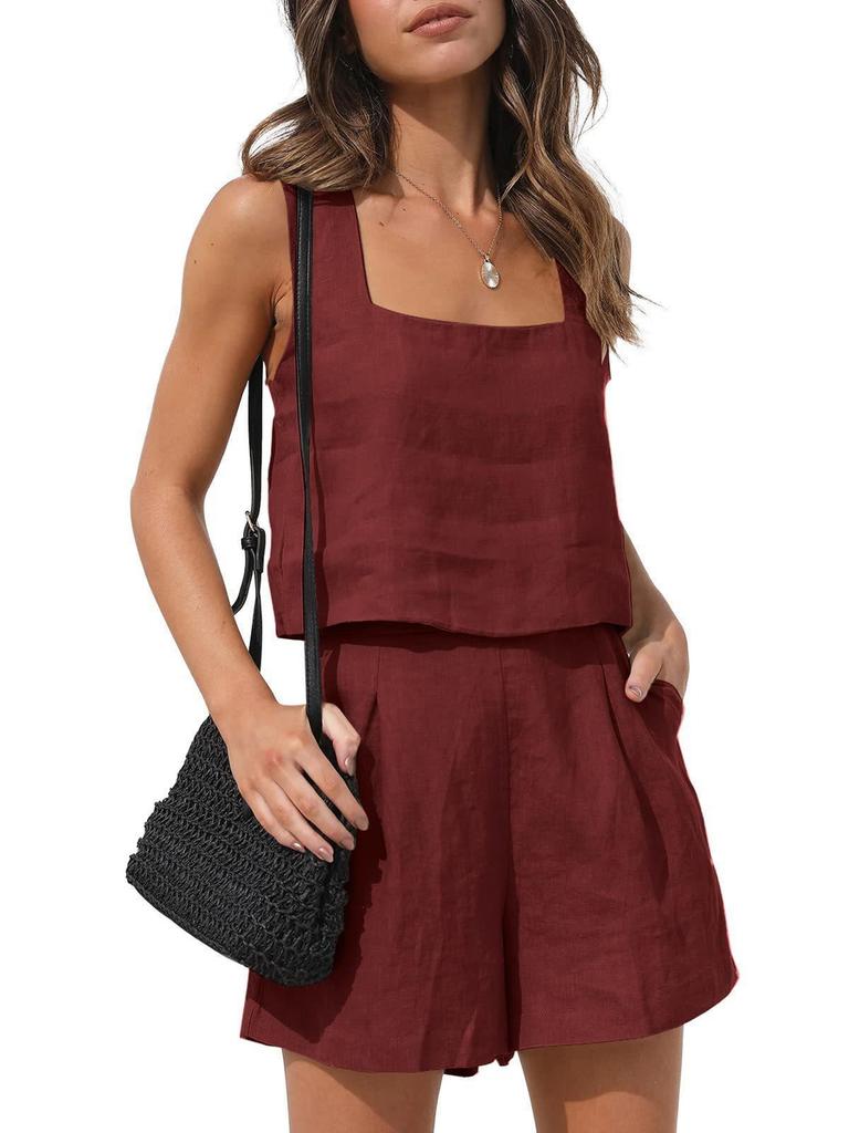 New Women's Outwear Set Linen Shorts Sleeveless Top Vest