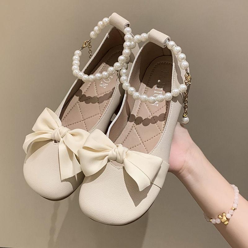 Bow Pearl Chain Mary Jane Small Leather Shoes Summer Korean Version Sweet Small Fragrant Soft-soled Single Shoes