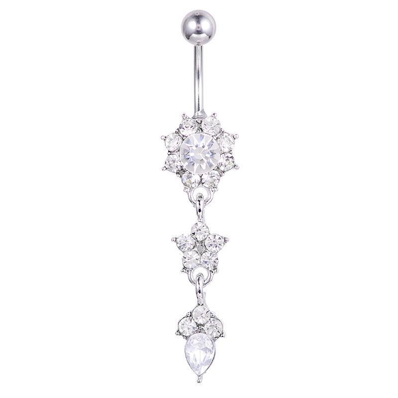 European & American Water Drop Flower Belly Button Ring with Diamond Pendant