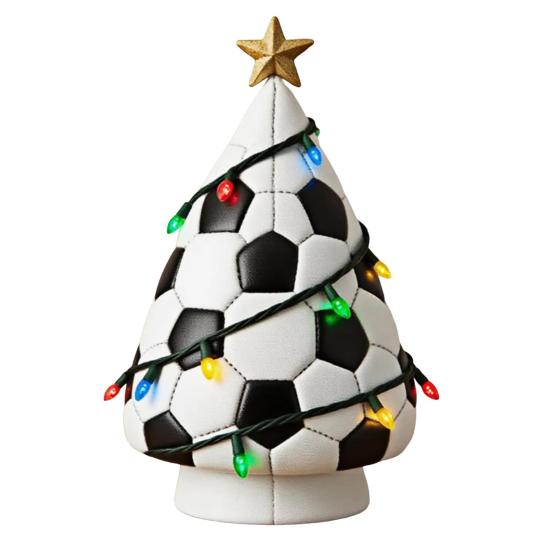 Sports Ball Inspired Christmas Tree Figurine Handcrafted Faux Leather Tree Shaped Tabletop Decoration with Golden Star Topper for Holiday Home Decor