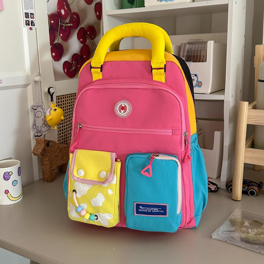 Schoolbag bright yellow contrasting color dopamine splicing backpack college student Korean vitality wind short trip shopping play backpack
